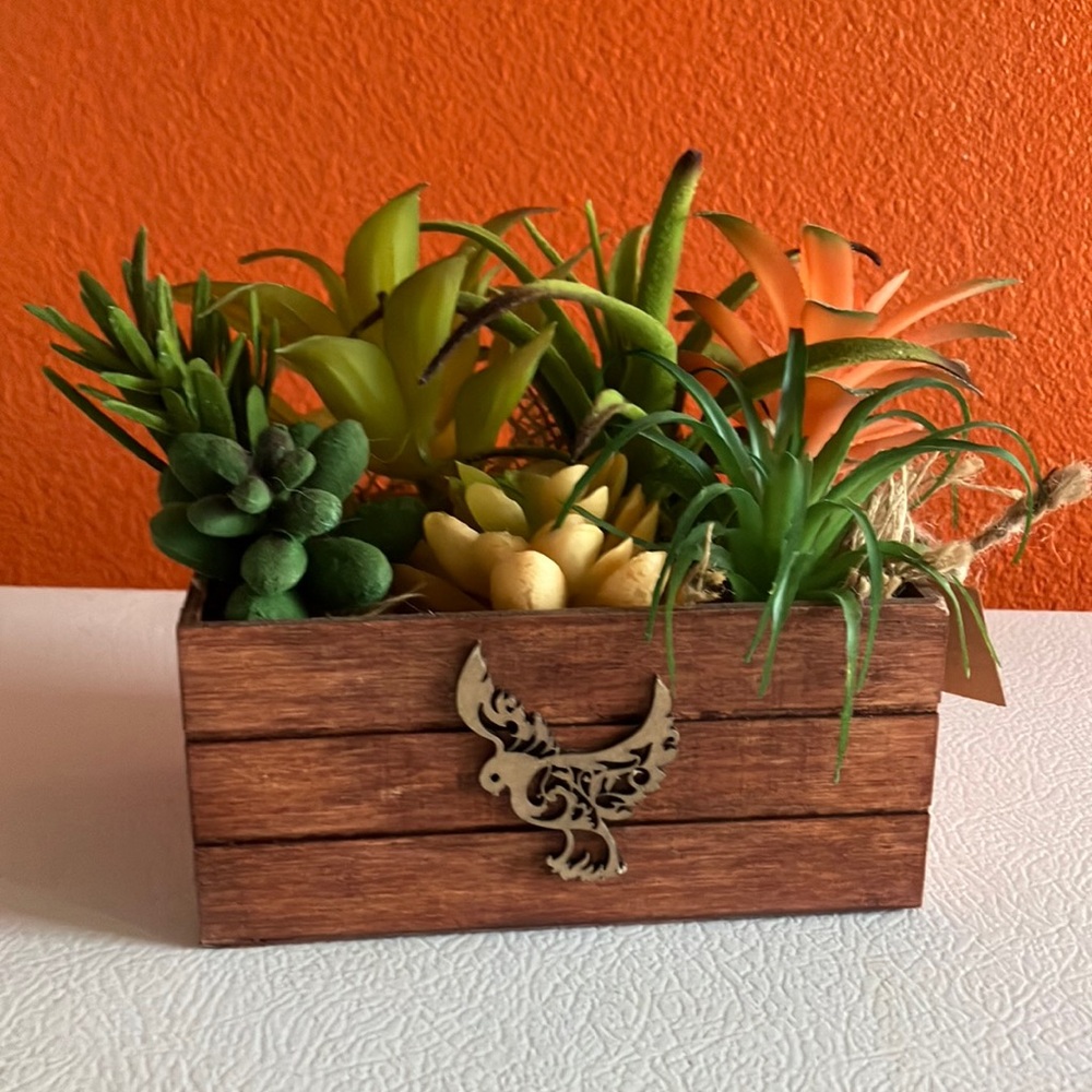 Wooden Planter Box‎ with Faux Succulents